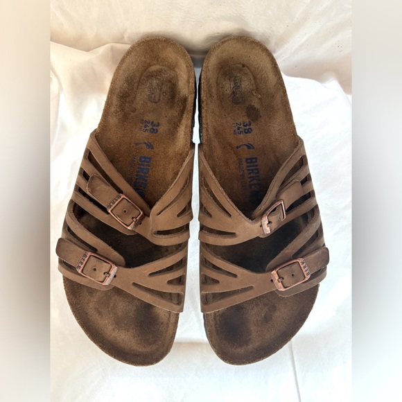 Birkenstock Granada Tan Brown Leather Suede Strappy Slide Sandals 38 7 7.5 - Picture 1 of 8